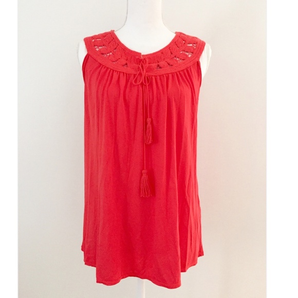 NWT $80 Max Studio Red Folk Peasant Top XS Sleeveless Tassel Crochet Jersey - Picture 4 of 10